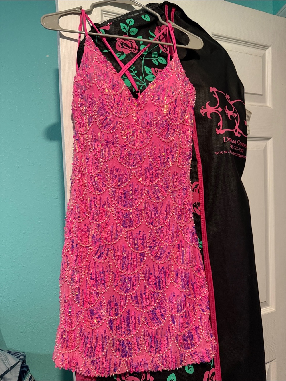 B Darlin Neon Pink Beaded Sequin Mini Dress